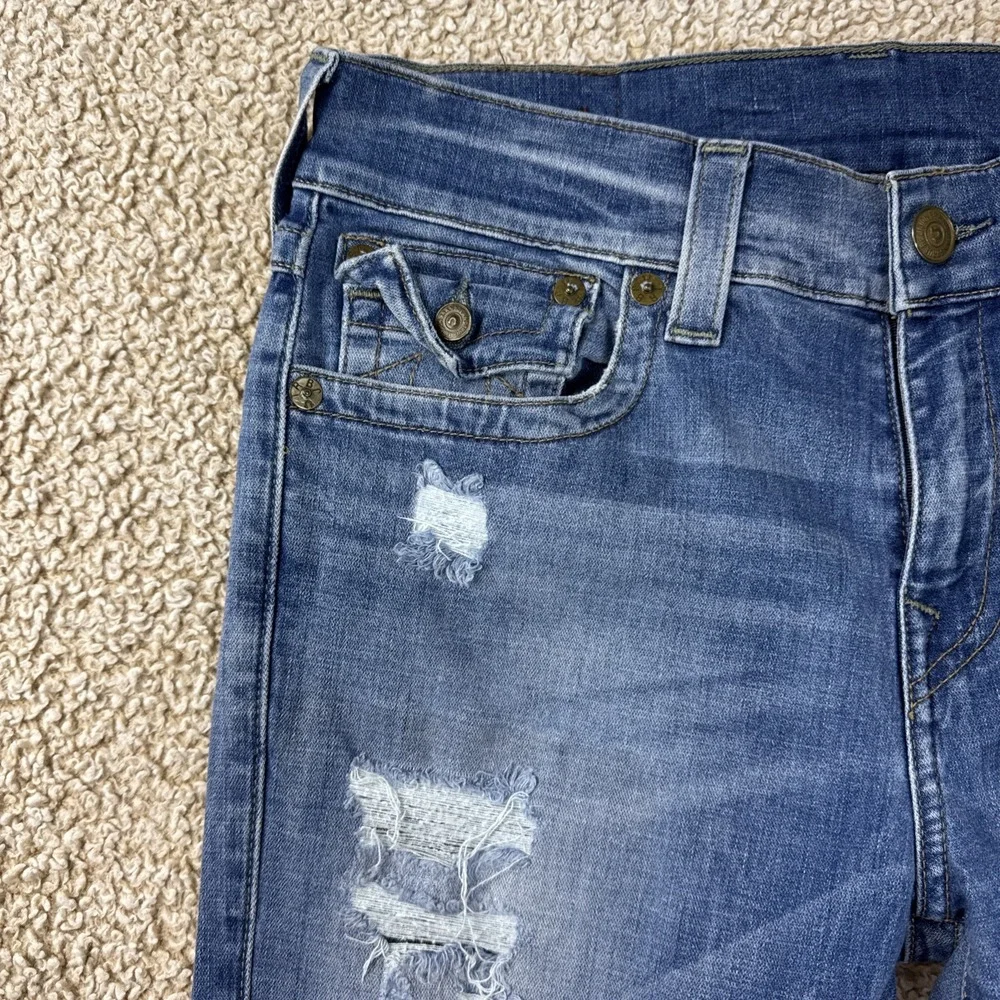 True Religion Jeans Mens 31x33 Blue ROCCO Relaxed Skinny Whiskered Distressed